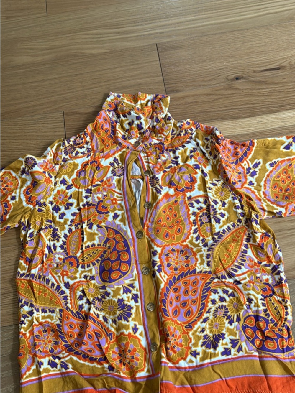 Vibrant Paisley Button-Up Blouse in Orange, Yellow & Purple